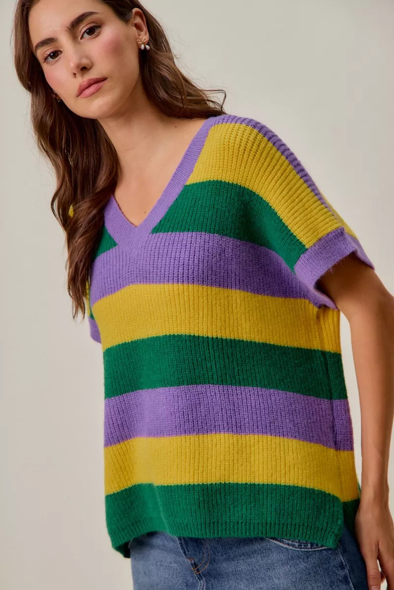Mardi Gras Loose Fit V Neck Stripe Sweater Top