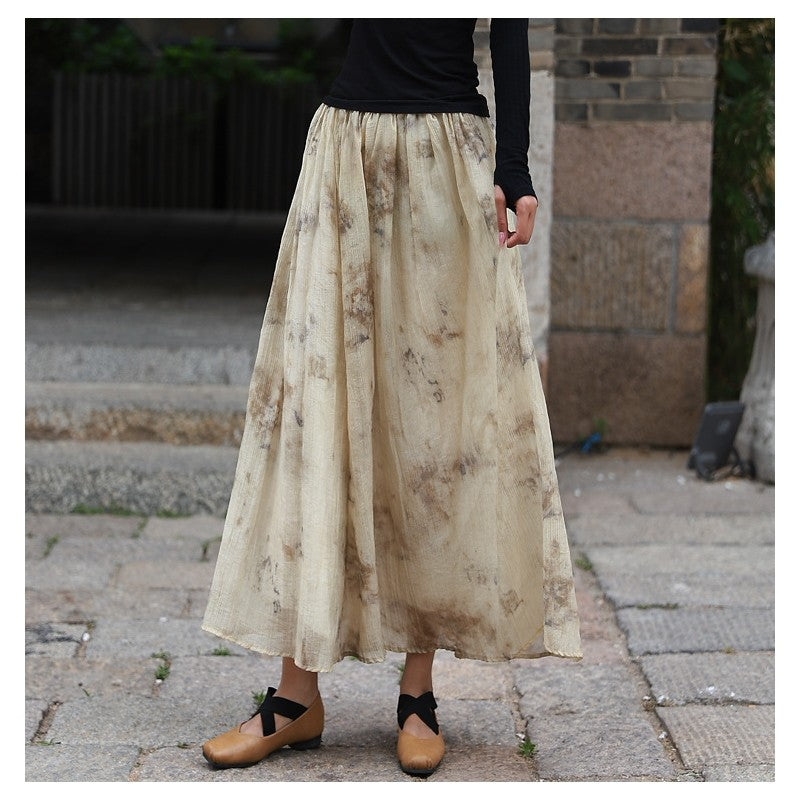 Vintage Tie-Dye Plant Ink Printed Maxi Skirt