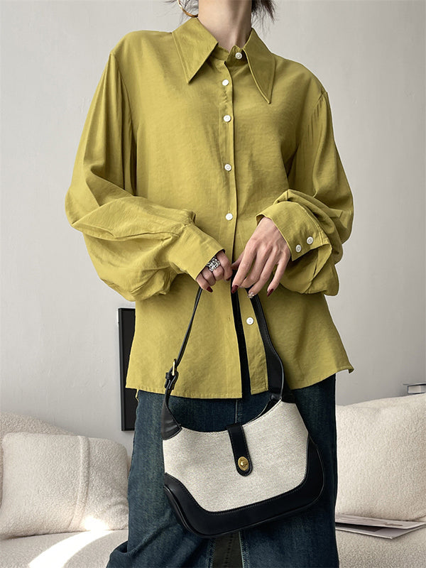Loose Puff Sleeves Pleated Split-Joint Sun Protection Lapel Blouses