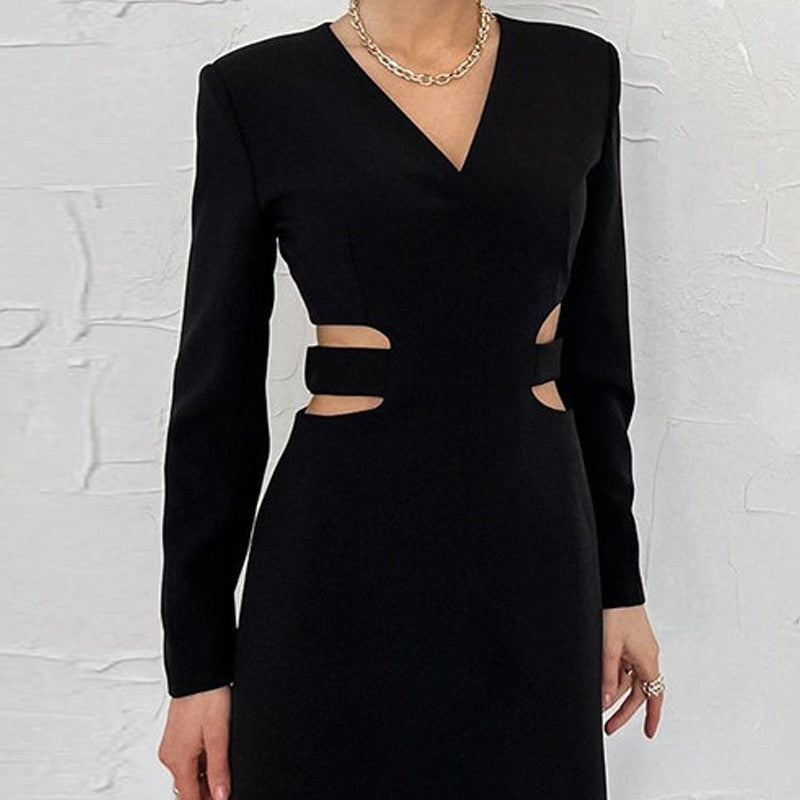 Solid Color Long Sleeve V-Neck Hollow A-Line Mini Dress