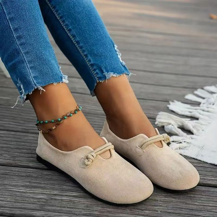 Women's Round Toe Flats - Sweet Suede Slip-On Dress Shoes with Floral Detail