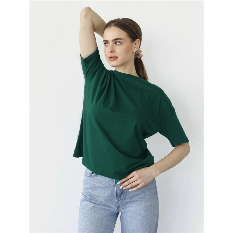 Casual Loose Solid Color Cotton Crewneck T-Shirt