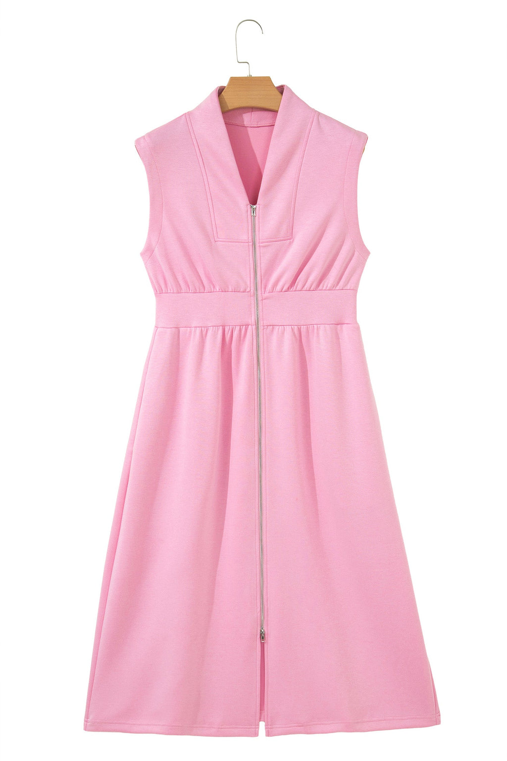 Pink V Neck Sleeveless Double Zip Shift Midi Dress