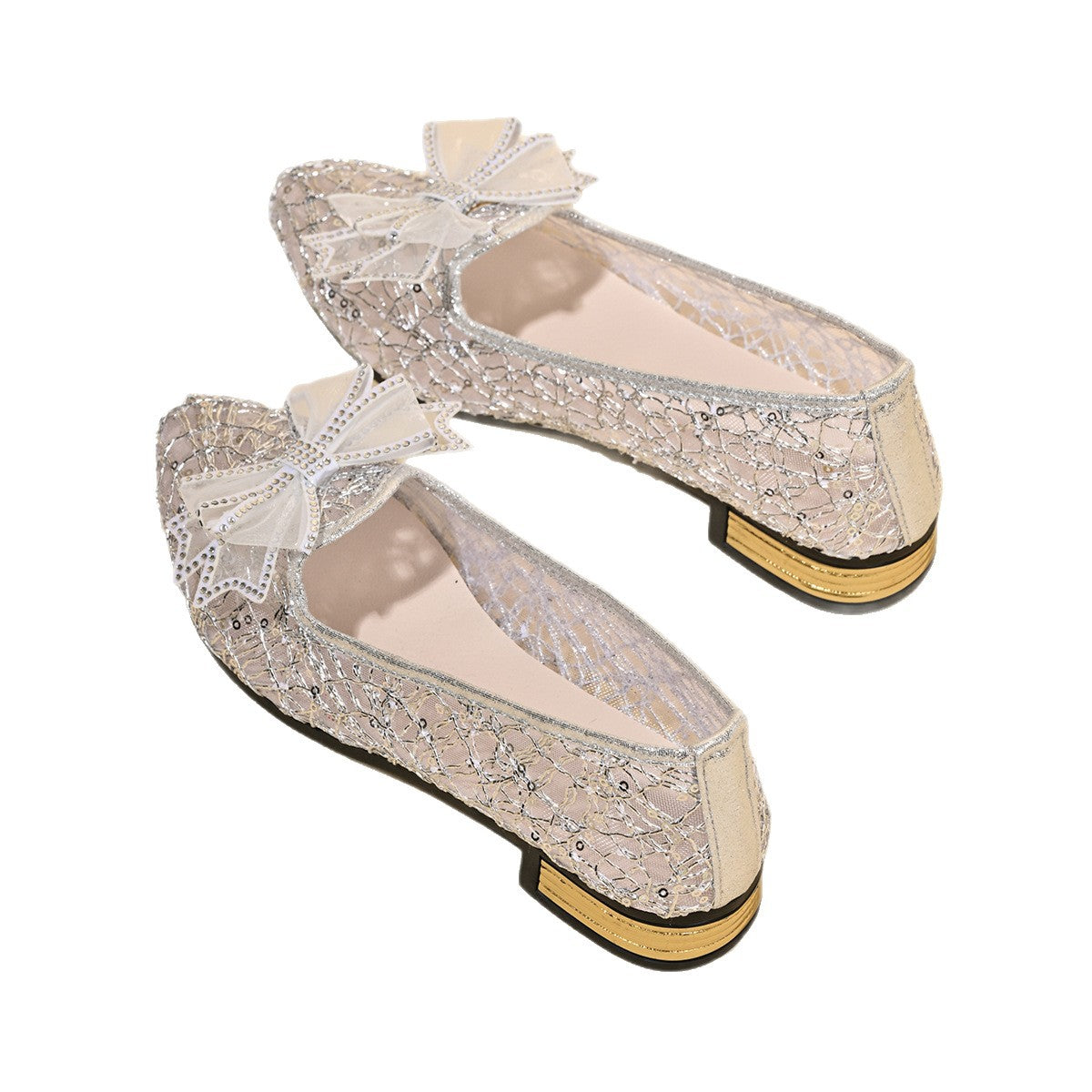 Women's Pointed Toe Mesh Bow Heels – Breathable Slip-On Chunky Low Heel Dress Shoes