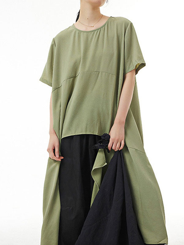 Irregular Clipping Loose Solid Color Round-Neck Midi Dresses