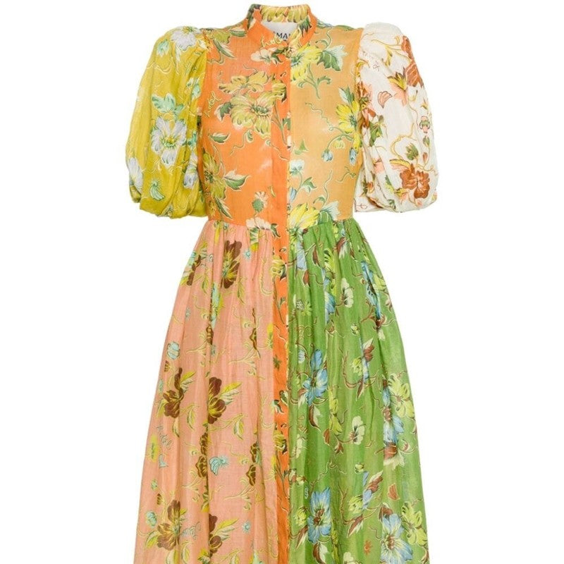 Floral Print Midi Dress with Bubble Sleeves