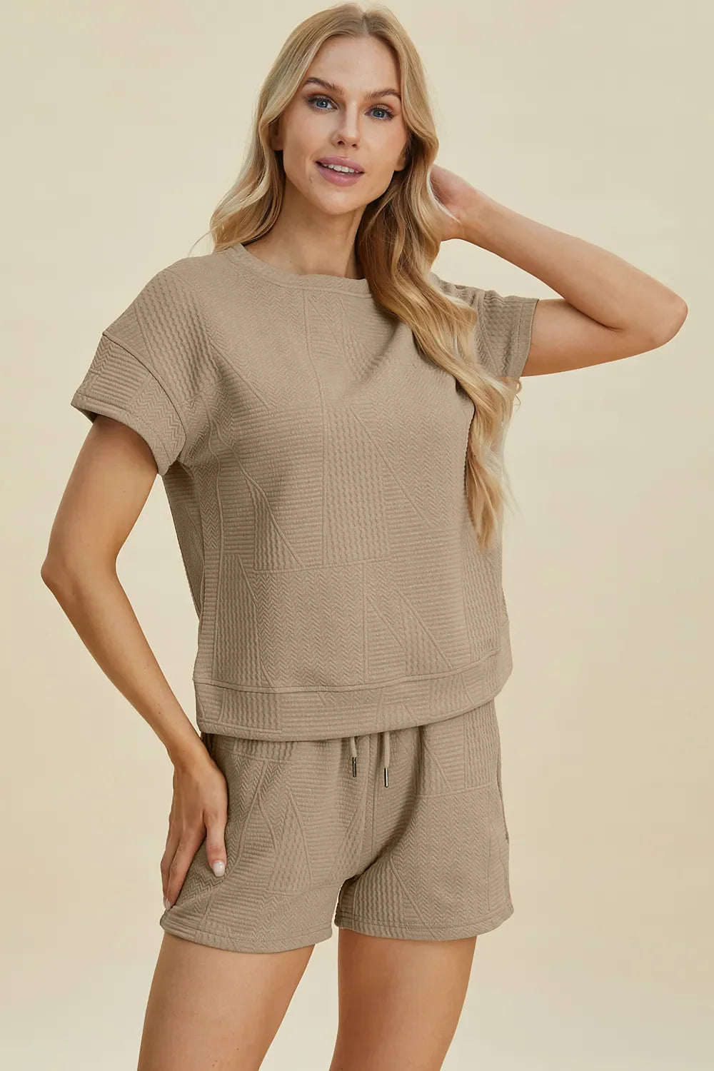 I am a Fashion Junky Full Size Texture Short Sleeve Top and Shorts Set