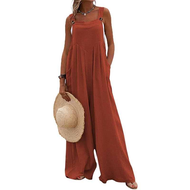 Solid Color Sleeveless Casual Loose Wide Leg Jumpsuits
