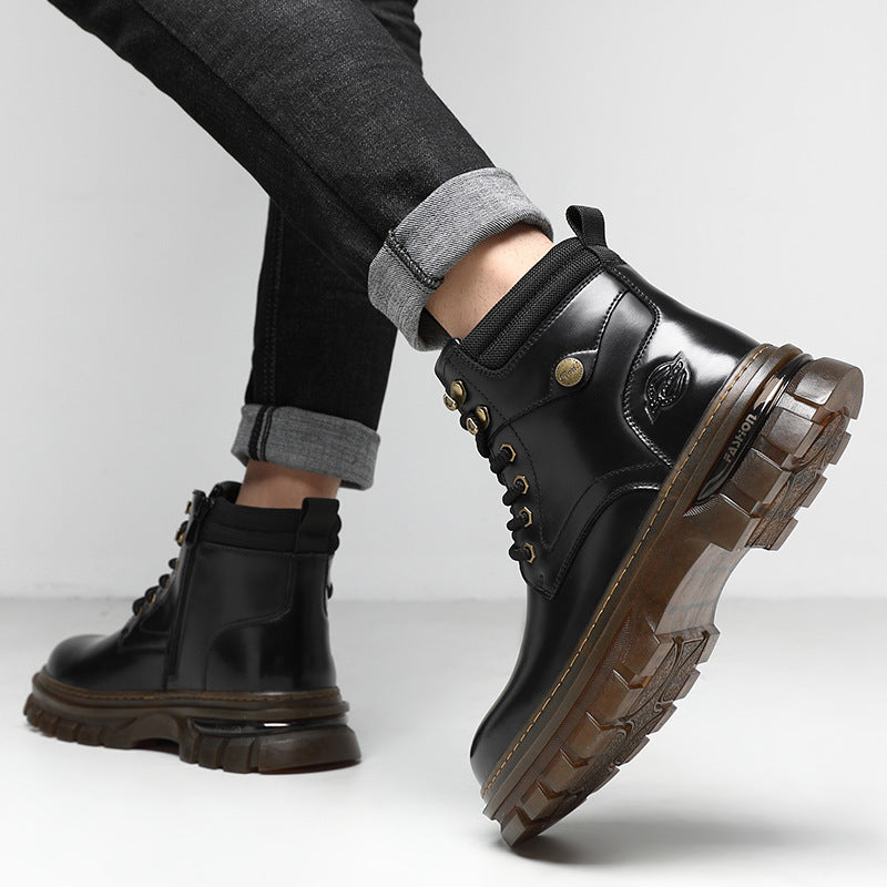 Men's Fleece-Lined British Platform Boots | Microfiber Leather Lace-Up Winter Boots
