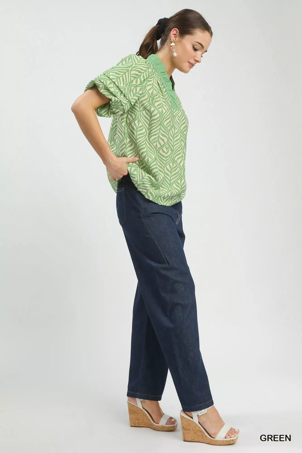 Printed Puff Sleeve Ruffle Neck Top