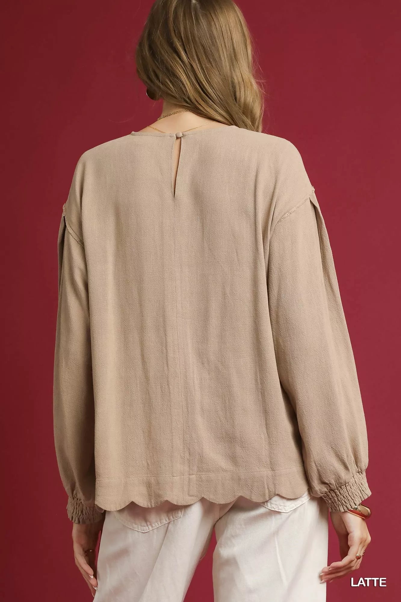 Linen Scallop Hem Long Sleeve Blouse