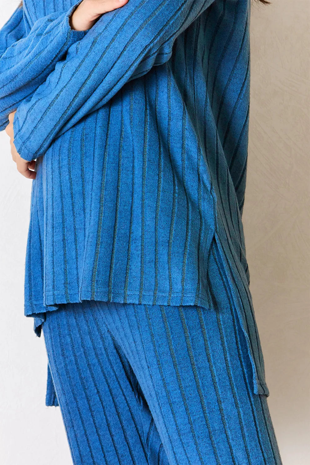 I am a Fashion Junky Full Size Ribbed Round Neck High-Low Slit Top and Pants Set