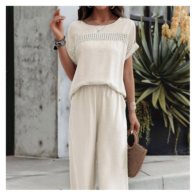 Casual Solid Color Short Sleeve Top and Long Pants Set