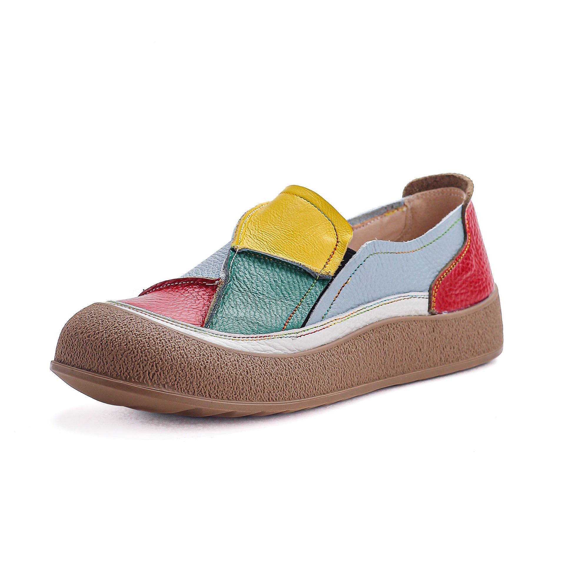 Women's Genuine Leather Patchwork Color-Block Loafers | Slip-On Round Toe Low Heel Shoes