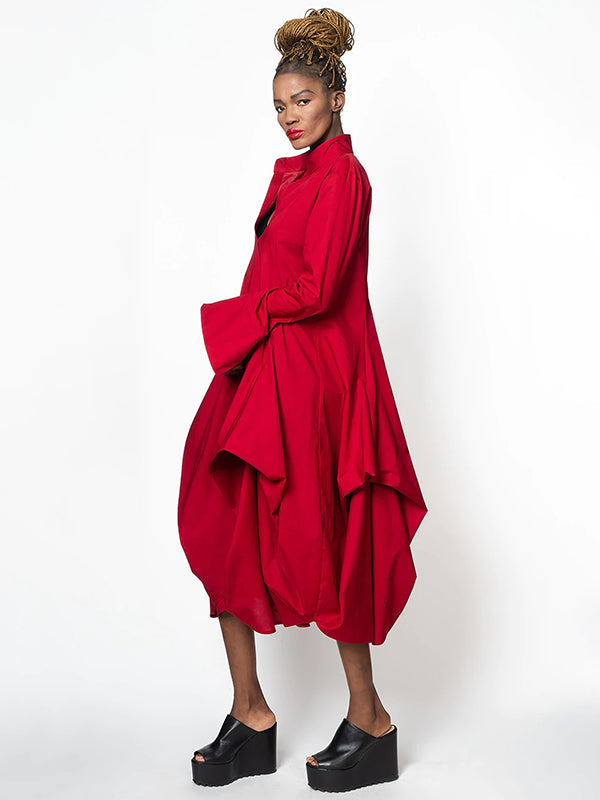 Chic Relaxed Fit Stand-Collar Long Sleeve Midi Dress