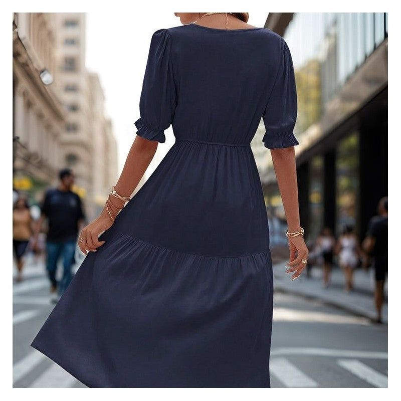 Stylish V-Neck Dress with Waist Cinching - Solid Color