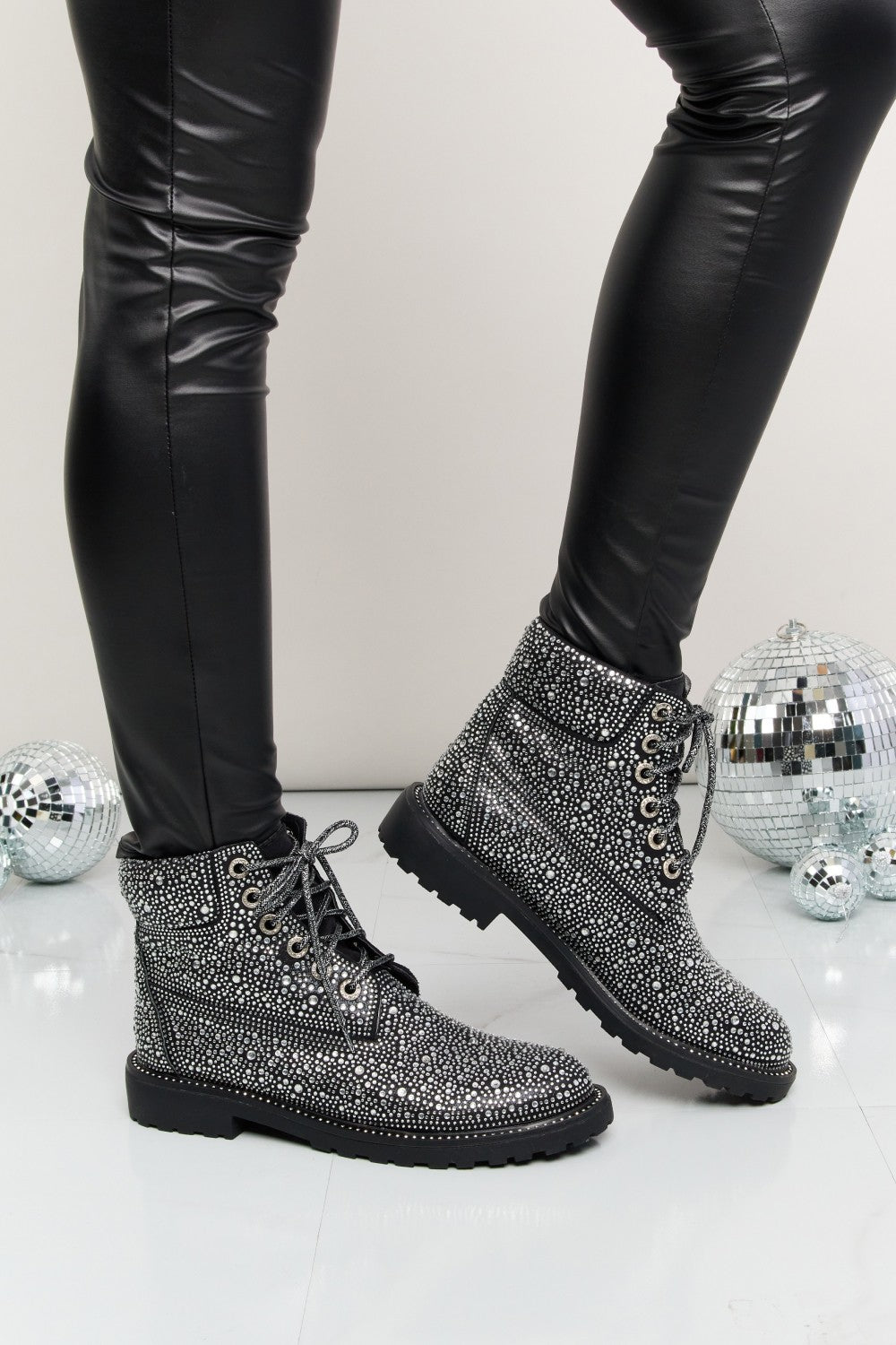 Rhinestone Lace-Up Combat Boots