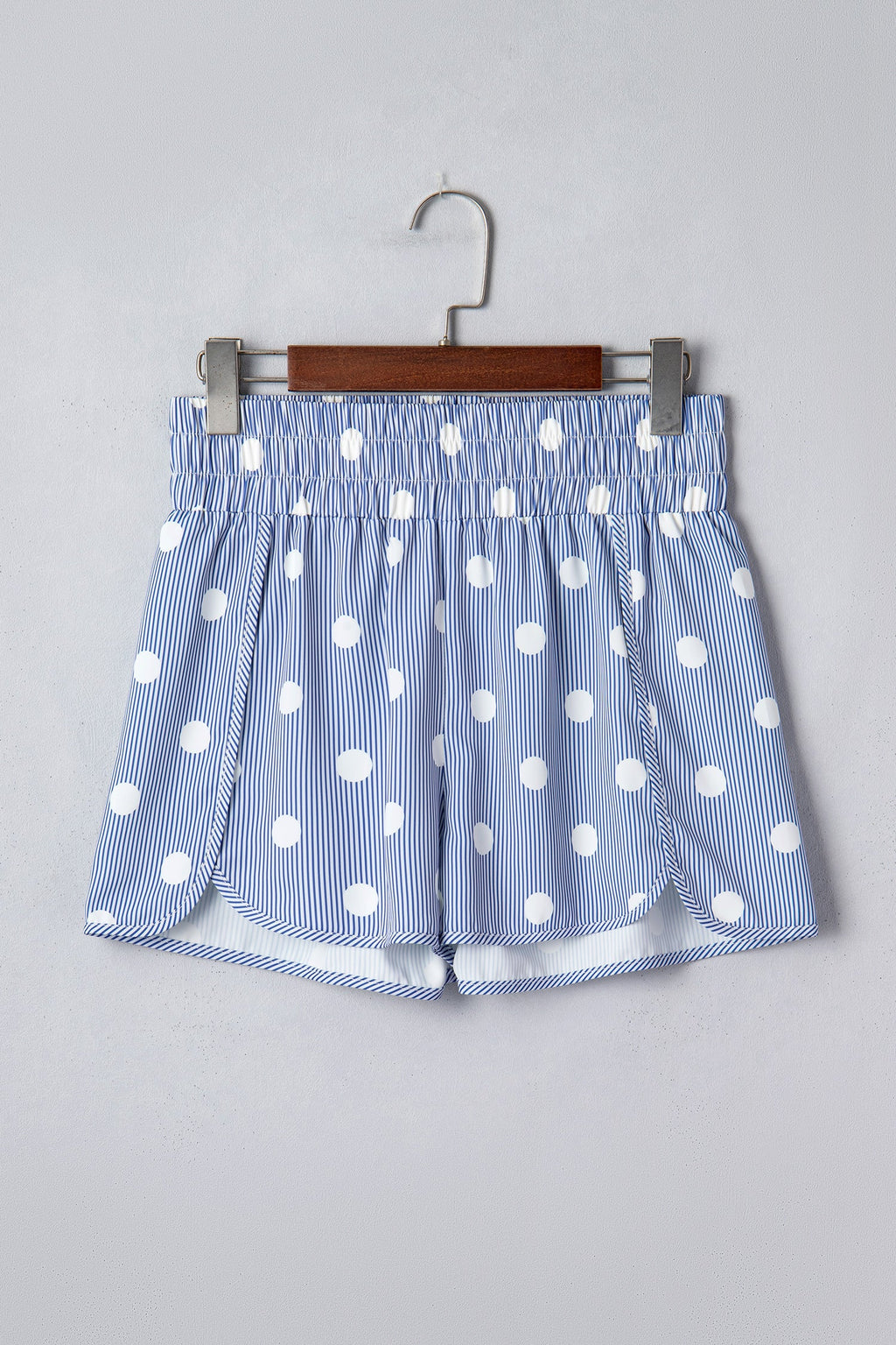 Sky Blue Polka Dot Print Shirred High Waist Casual Shorts