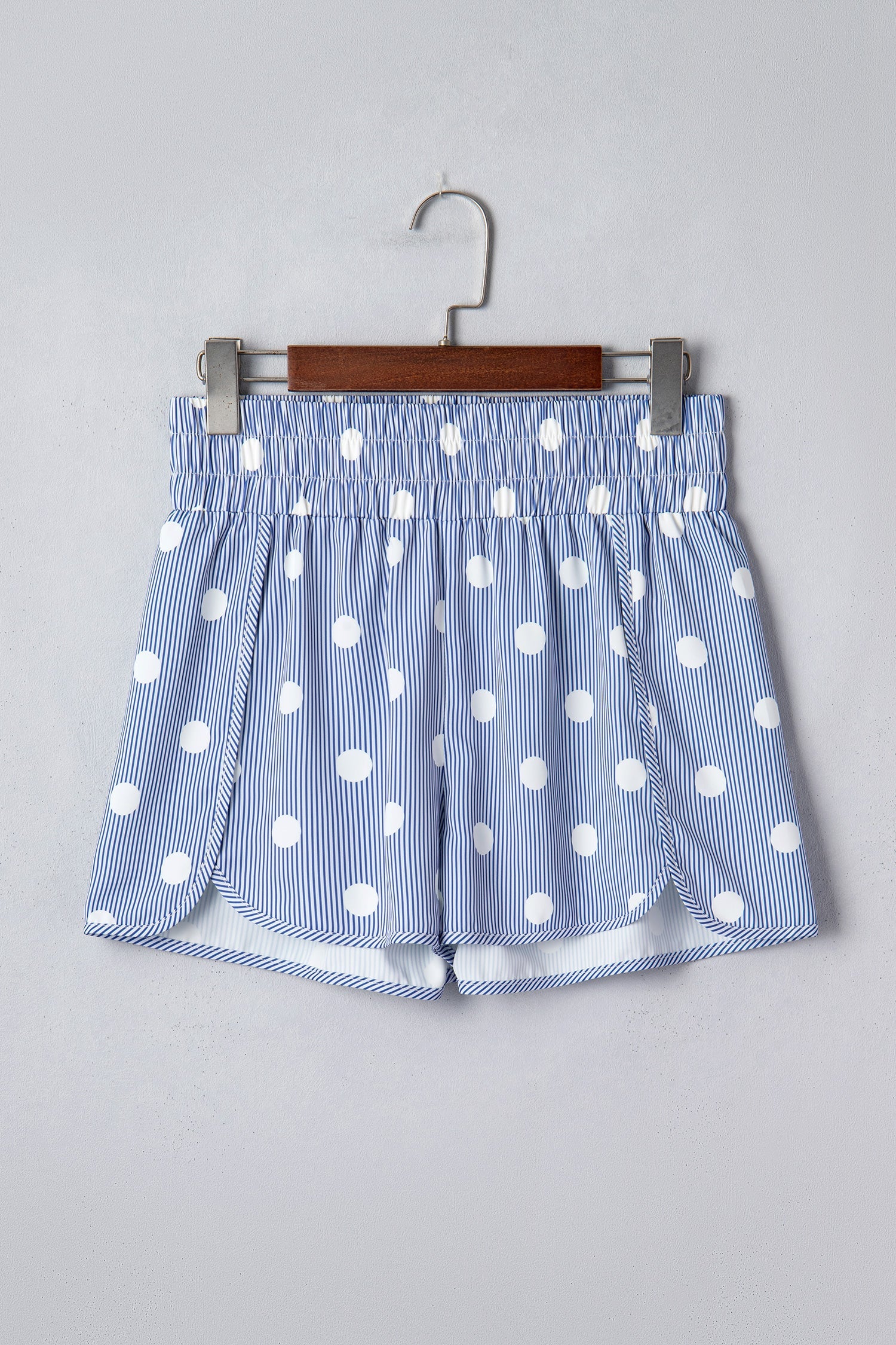 Sky Blue Polka Dot Print Shirred High Waist Casual Shorts