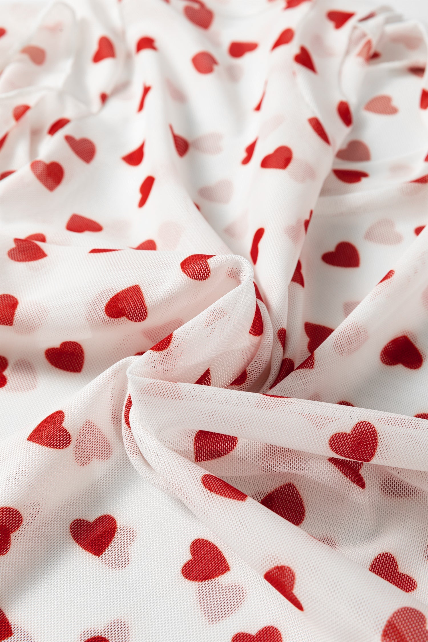 Red Allover Heart Print Mesh Short Sleeve Top