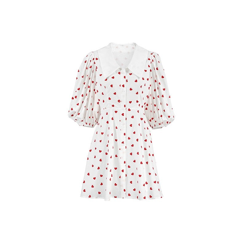 Printed Bubble Sleeve Dress with Cinched Waist, Lapel, and Minimalist Styling