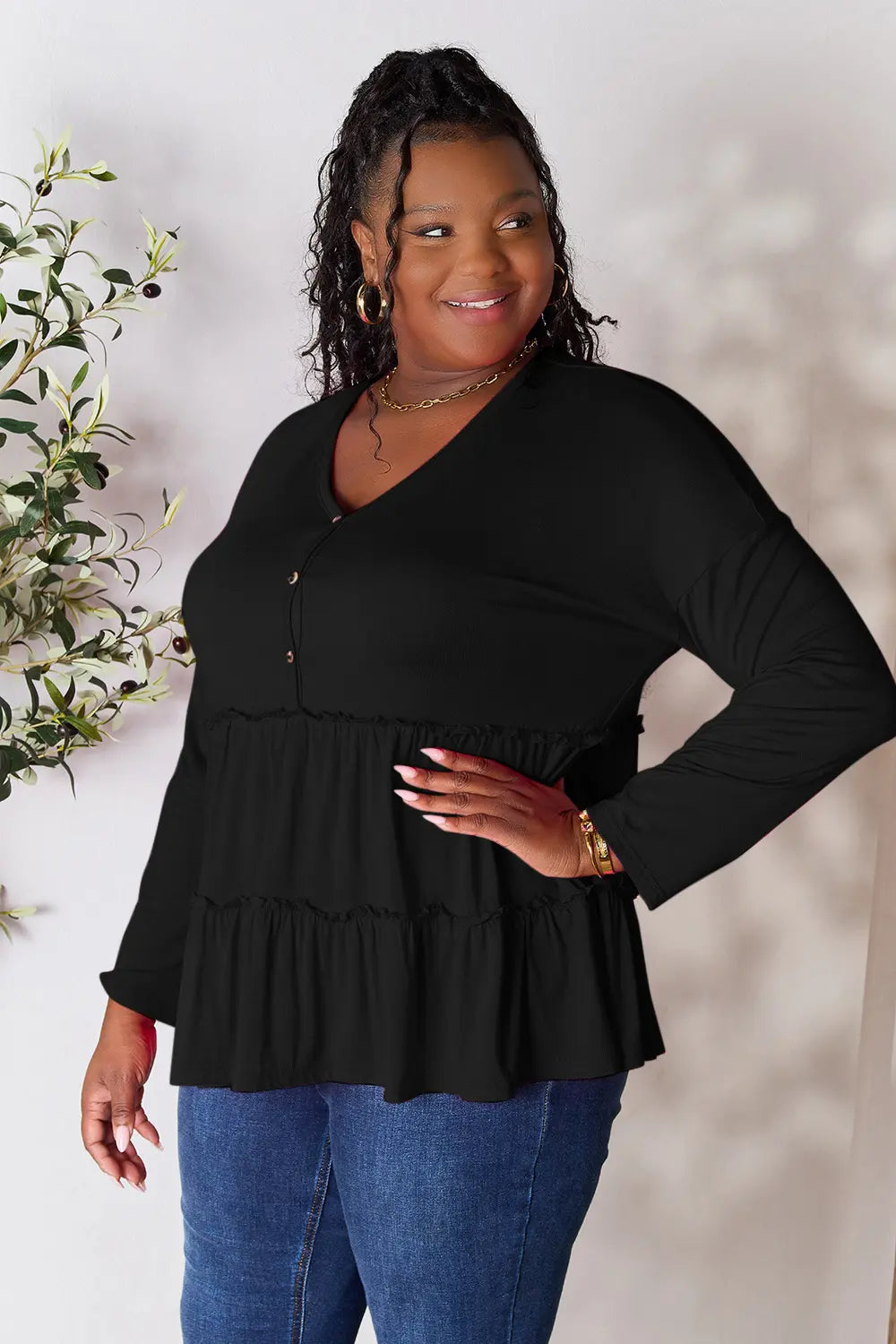 I am a Fashion Junky Take Half Button Long Sleeve Ruffle Hem Blouse