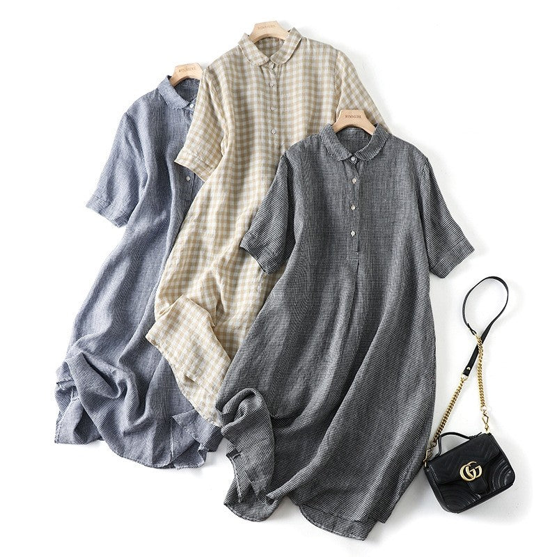 Short Sleeve Lapel A-Line Ramie Cotton Casual Retro Dress