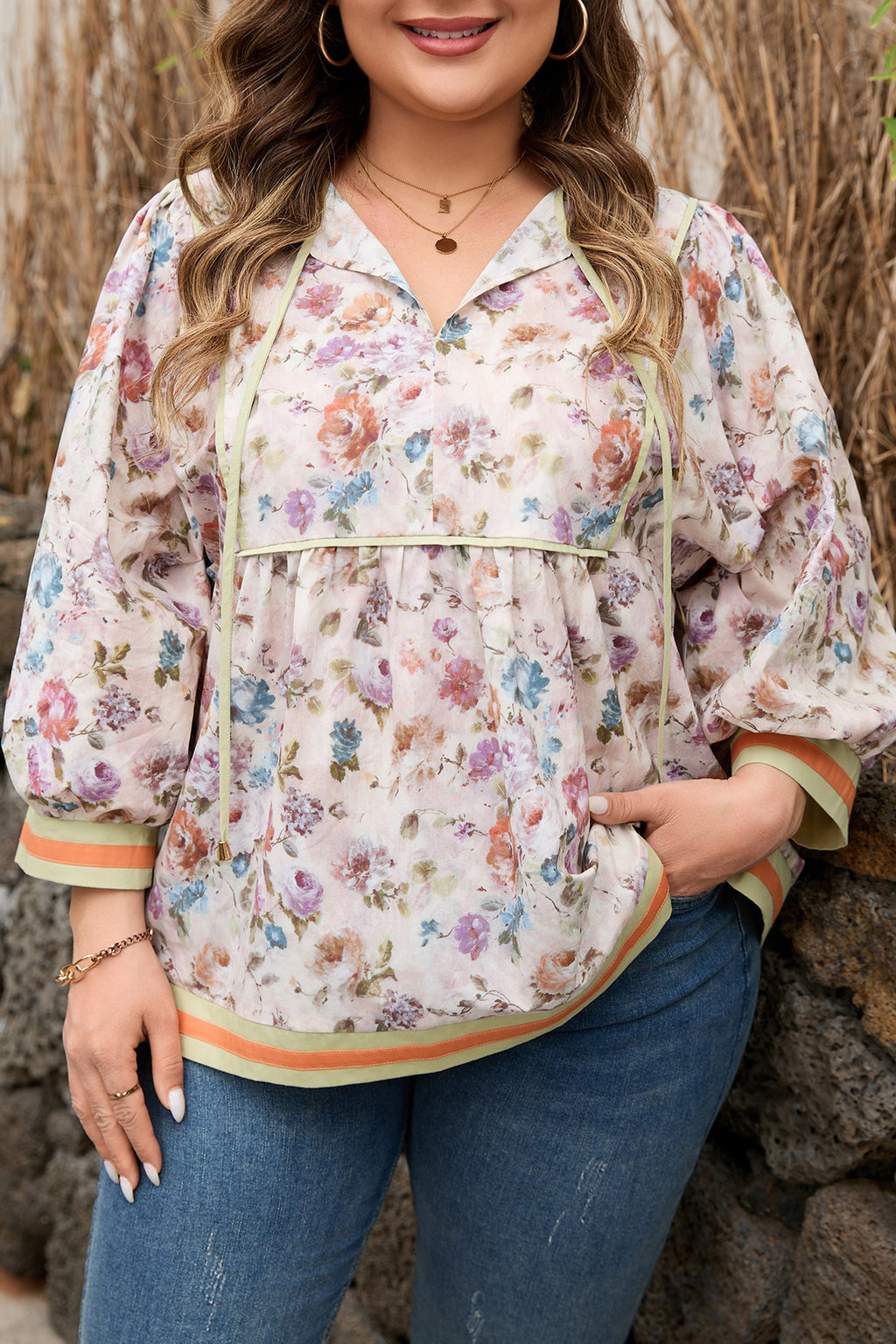 Black Plus Size Floral Print Contrast Trim Striped Detail Babydoll Blouse