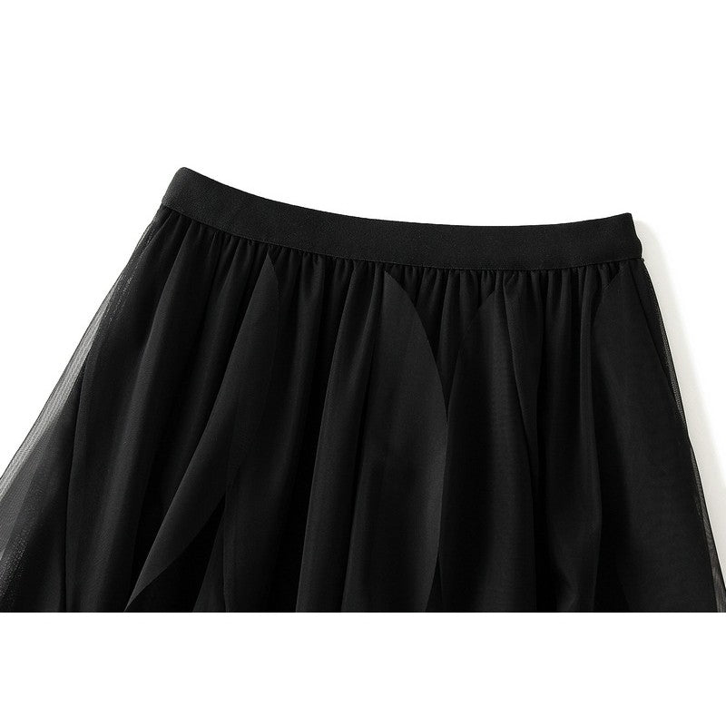 Elastic Waist Mesh Skirt with Irregular Ruffled Hem - Solid Color