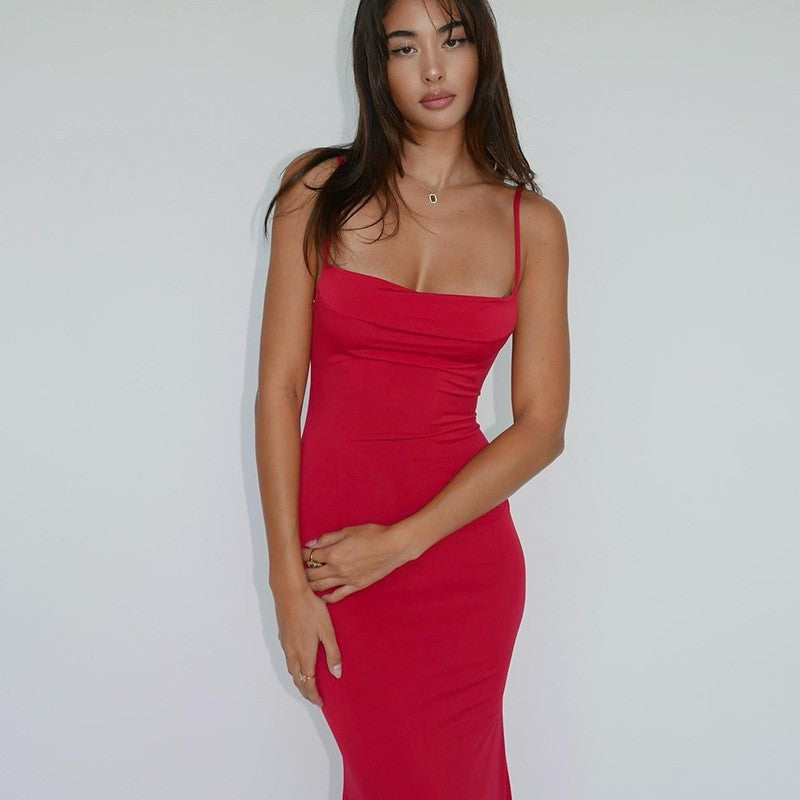 Solid Color Backless Spaghetti Strap Dress