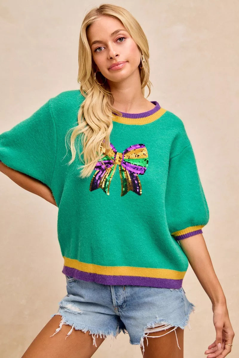 Mardi Gras Sequin Ribbon Patched Sweater