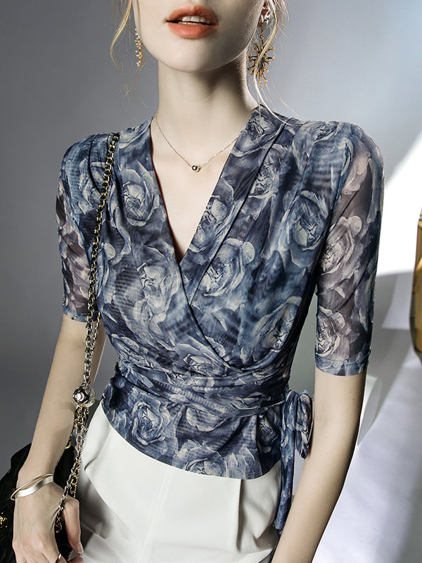 Half Sleeves Plus Size Flower Print Mesh Tied V-Neck Blouses&Shirts Tops