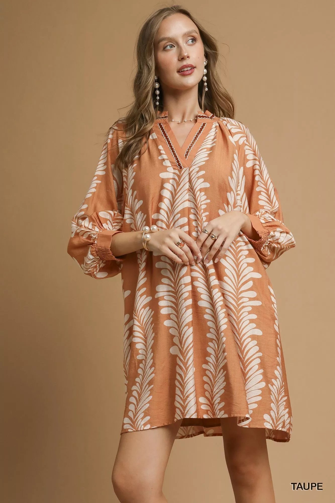 Leaf Print Notched Mini Babydoll Dress