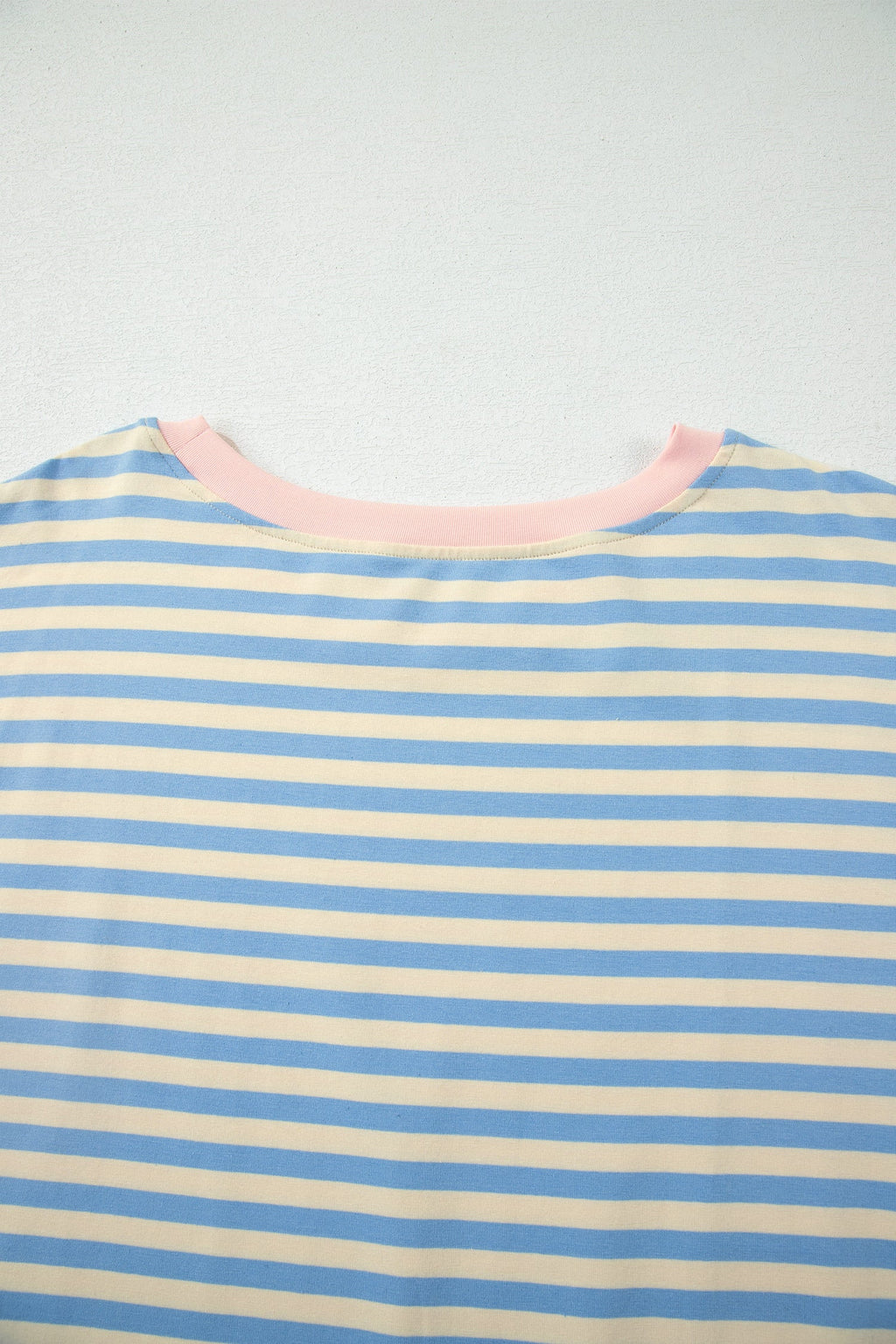 Sky Blue Stripe Plus Size Drop Shoulder Contrast Trim Round Neck Tee