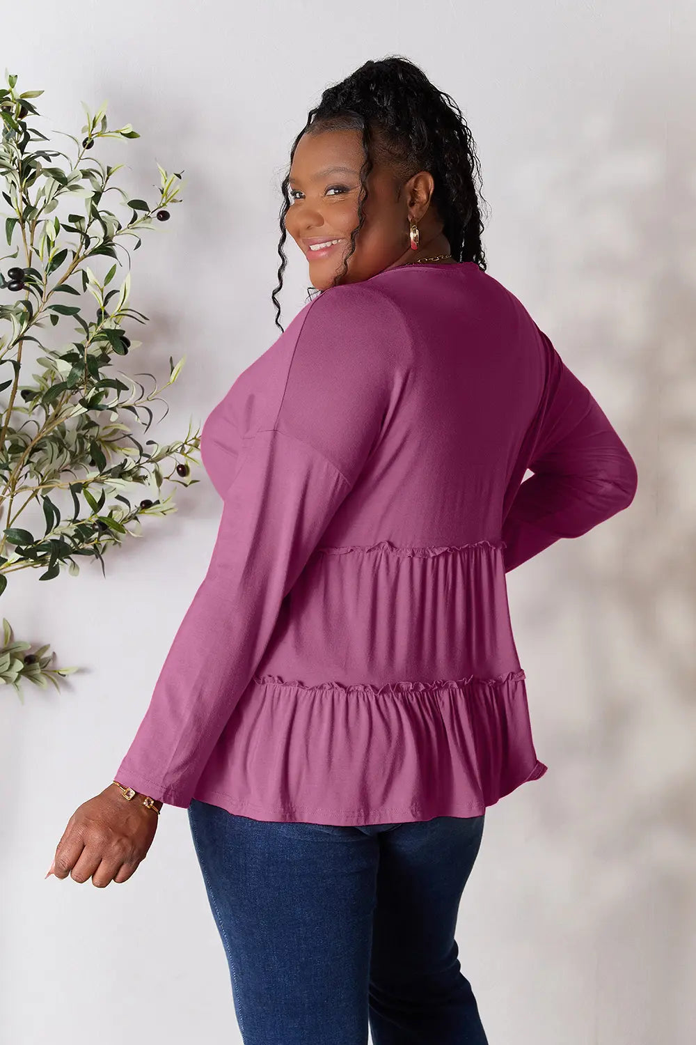 I am a Fashion Junky Take Half Button Long Sleeve Ruffle Hem Blouse