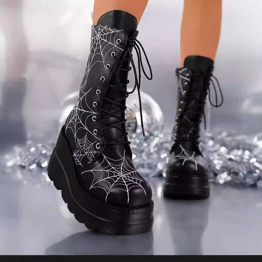 Women's Wedge-Heel Spiderweb Mid-Calf Boots | Plus Size | PU Leather | Side Zipper