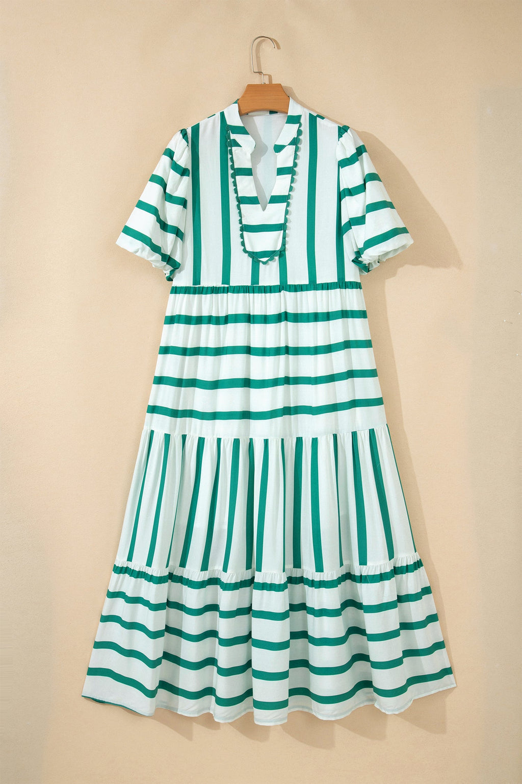 Green Stripe Ricrac Trim Notched Neck Half Sleeve Vacation Dress