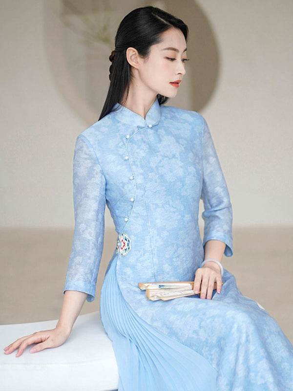 Fashion Vintage Light Blue Jacquard Long Cheongsams