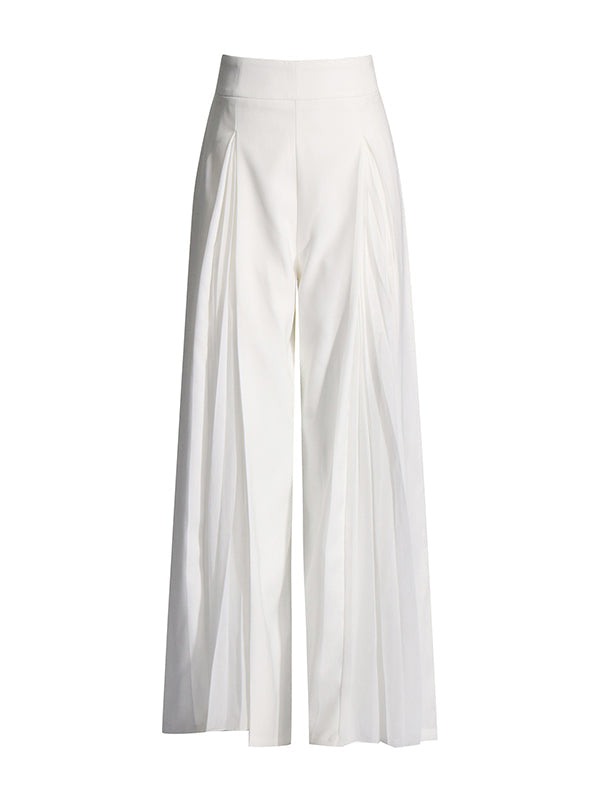Long Sleeves Buttoned Solid Color Split-Joint Round-Neck Blazers Top + Zipper Wide Leg Mesh Pleated Pants Bottom Two Pieces Set