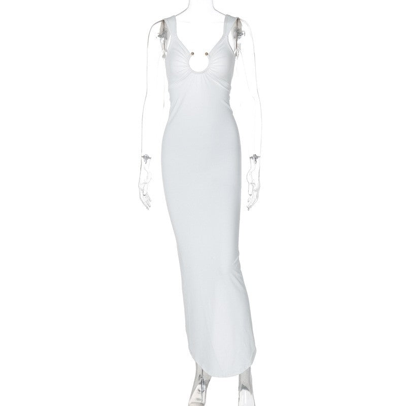 Solid Color V-Neck Backless Split Slim Fit Dress