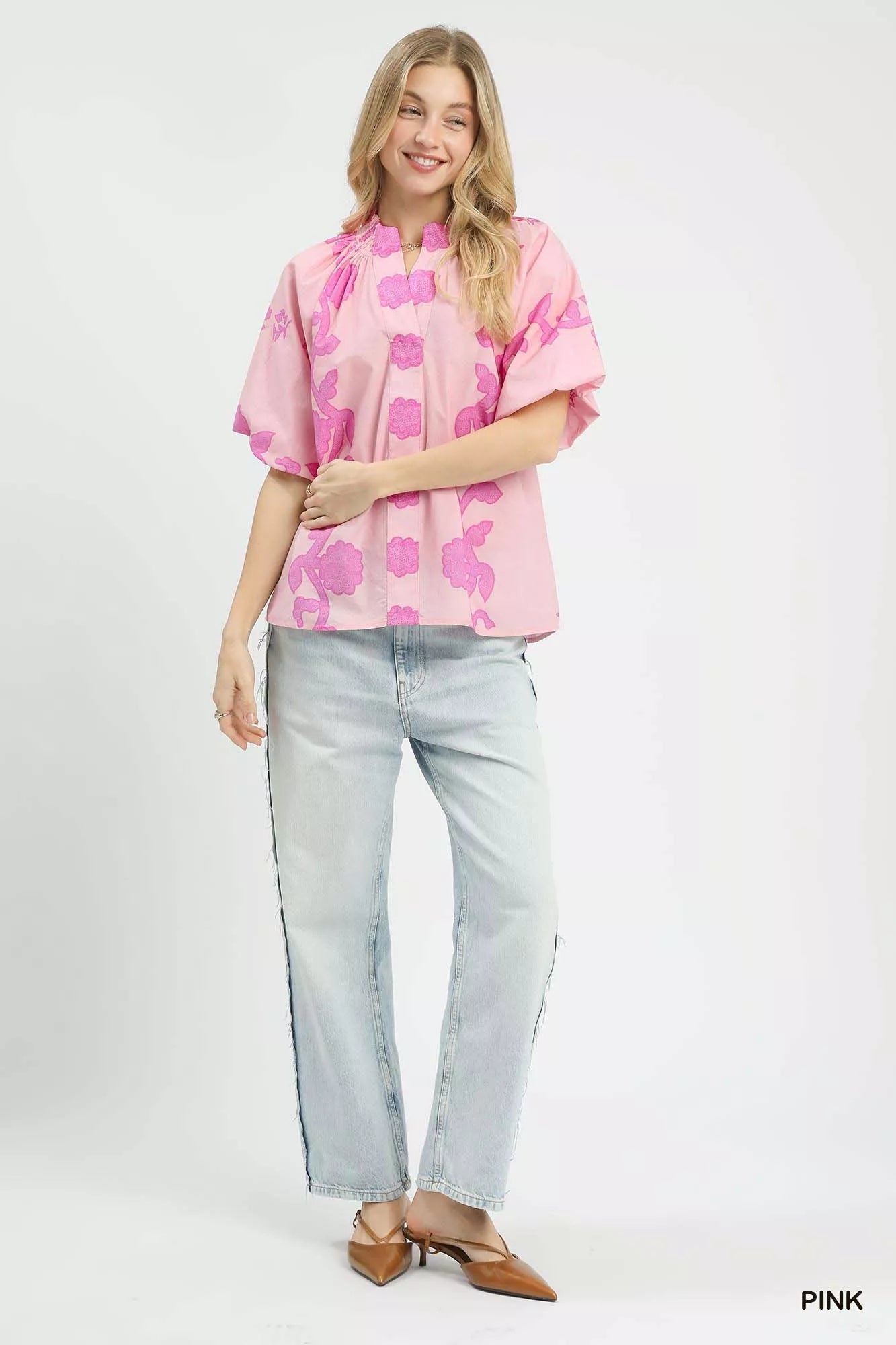 Floral Smocked Notched Puff Sleeve Blouse