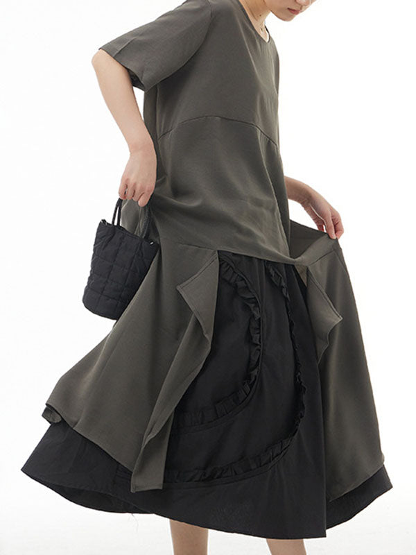 Irregular Clipping Loose Solid Color Round-Neck Midi Dresses