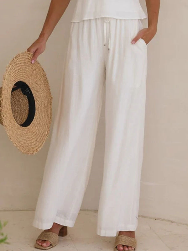 High Waisted Loose Drawstring Elasticity Solid Color Split-Joint Pants Trousers