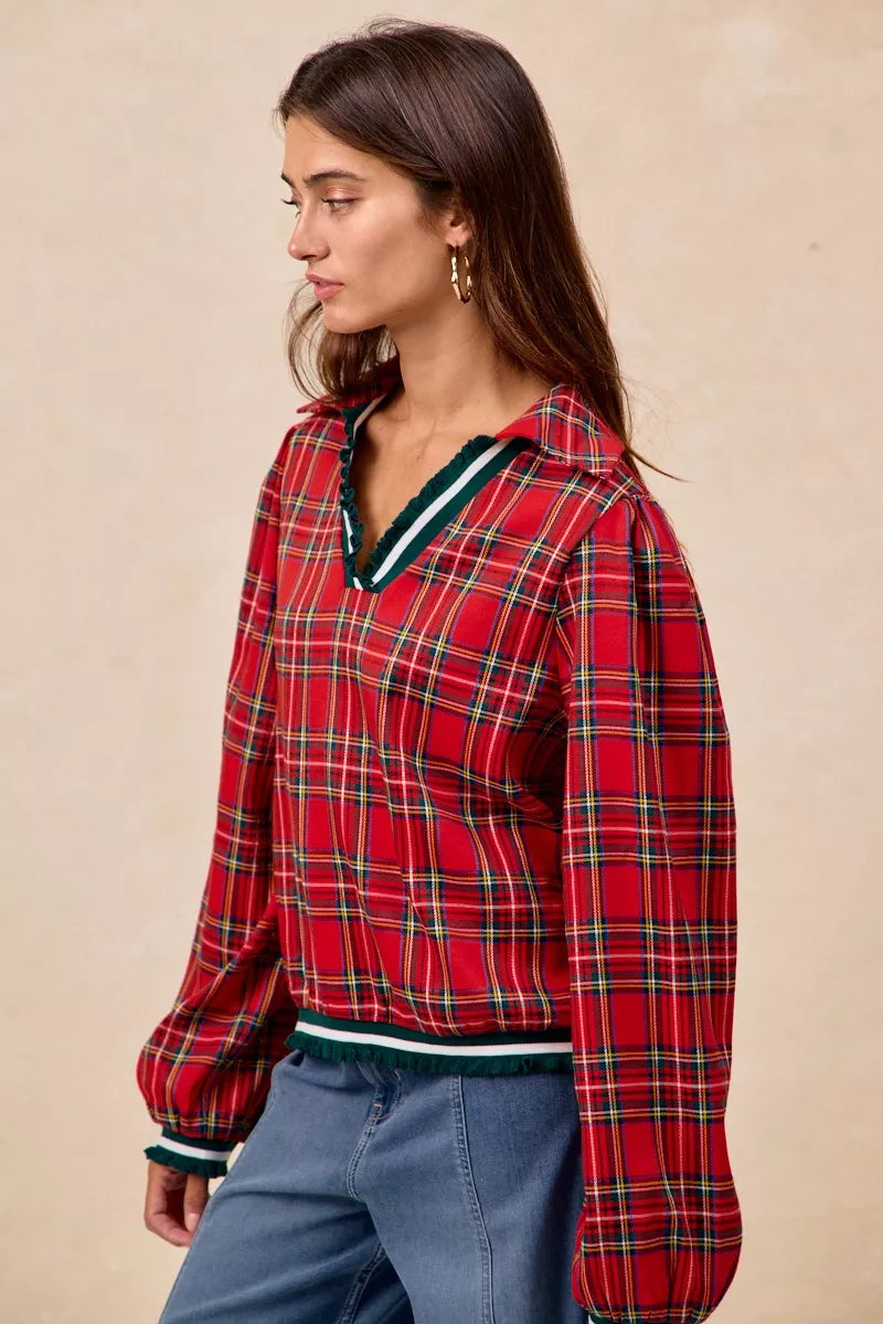 Christmas Plaid Collared Top with Ruffled Detail