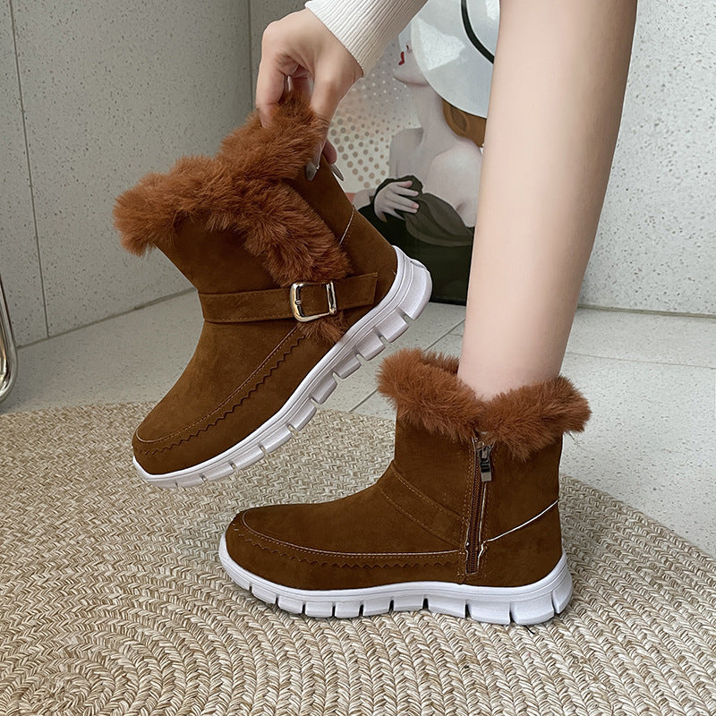 Women's Winter Snow Boots - Warm Plush Ankle Boots with Buckle Design