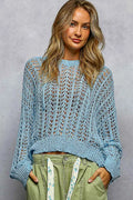 Openwork Round Neck High Low Knit Top