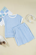 Beau Blue Contrast Trim Textured Crewneck Tee and Pocketed Skirt Set