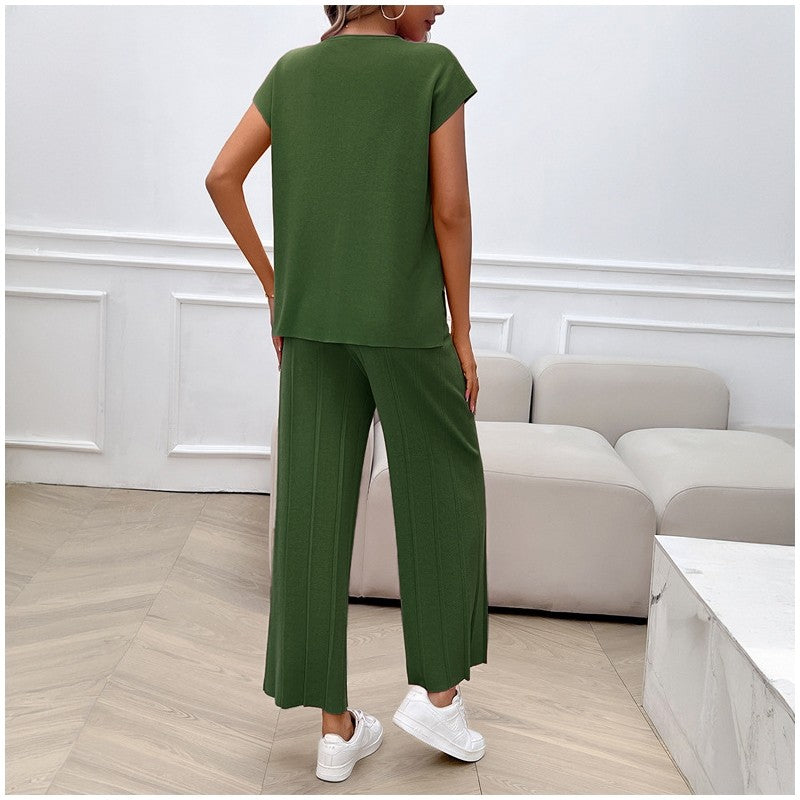 Solid Color Casual Knit Short Sleeve Sweater and Trouser Set