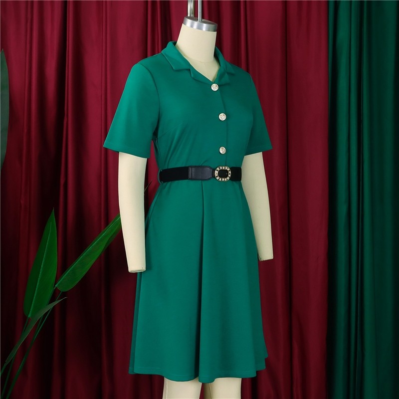 High-Waisted Short Sleeve Solid Color Dress
