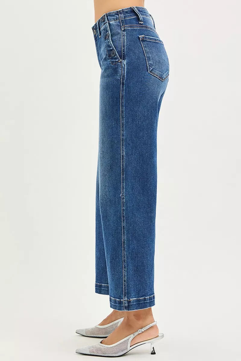High Rise Wide Leg Jeans With Pocket Button Detail